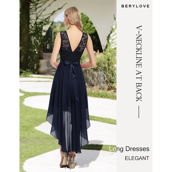 BeryLove Women Navy Sequin Chiffon Scoop Neck Sleeveless Lace Cocktail Dresses - Picture 3 of 7